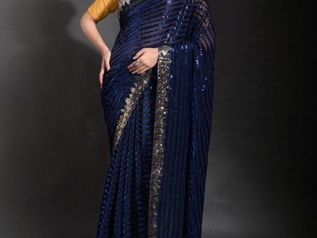 Anouk Navy Blue & Gold-Toned Embellished Sequinned Pure Georgette Saree For Cheap