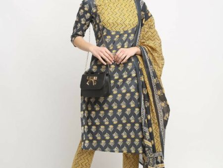 Aastha Fashion Women s Dark Grey Cotton Embroidered Kurta with Trouser & Dupatta Sale