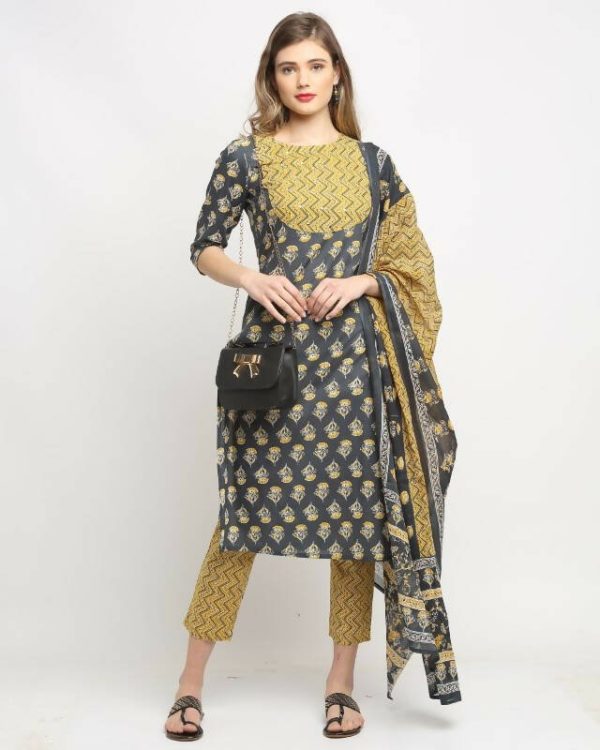 Aastha Fashion Women s Dark Grey Cotton Embroidered Kurta with Trouser & Dupatta Sale