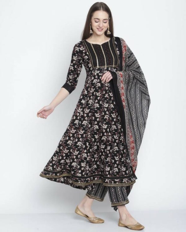 Aastha Fashion Women s Black Cotton Jaipuri Printed Kurta with Trouser & Dupatta For Cheap