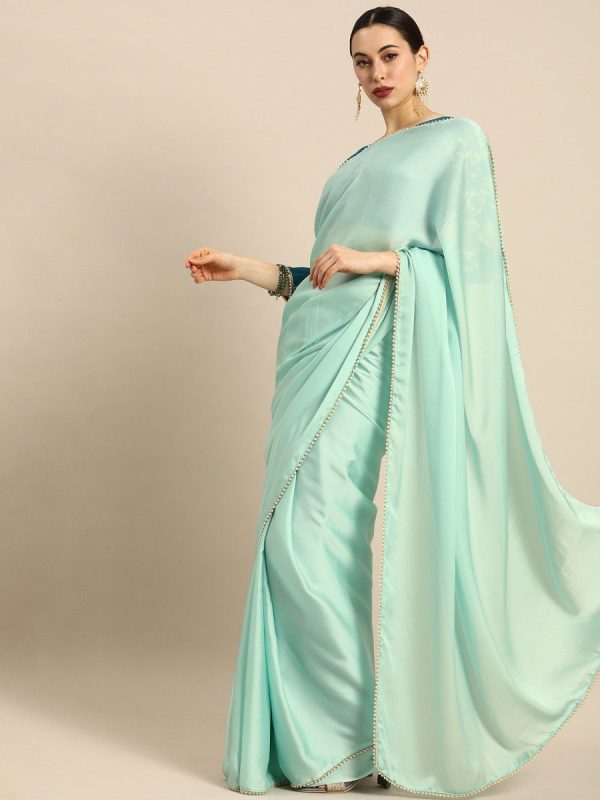 Anouk Sea Green Solid Saree For Cheap