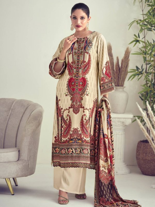 Aastha Fashion Women s Beige Muslin Floral Digital Print with Resham Thread work Kurta with Trouser & Dupatta Online now