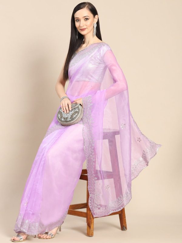 Anouk Lavender & Silver-Coloured Sequinned Organza Saree Hot on Sale