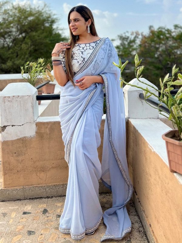 Anouk Grey Embroidered Pure Georgette Saree Cheap