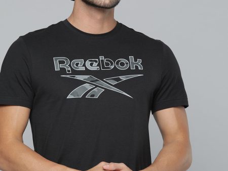 Reebok Men Black Identity Big Logo Printed Pure Cotton Slim Fit T-shirt For Sale