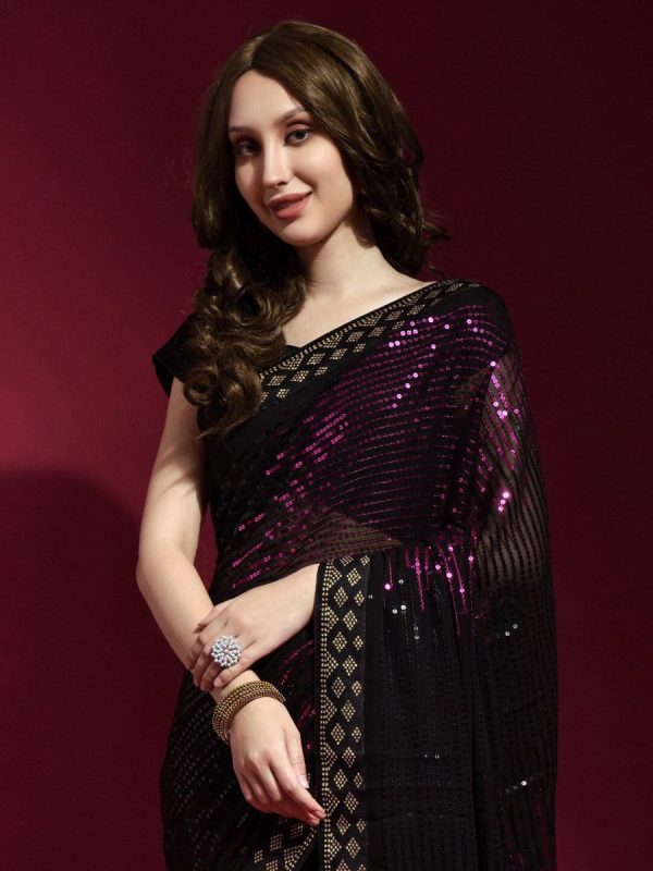 Anouk Black & Pink Embellished Sequinned Pure Georgette Saree Online