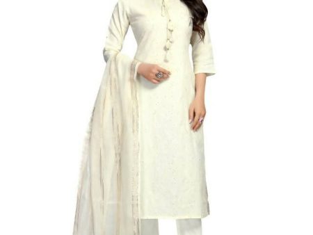 Aastha Fashion Women s Off White Cotton Flex Embroidered Kurta with Trouser & Dupatta Hot on Sale