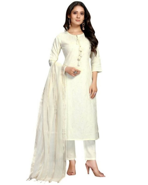 Aastha Fashion Women s Off White Cotton Flex Embroidered Kurta with Trouser & Dupatta Hot on Sale