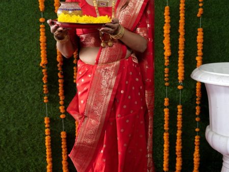 Aastha Fashion Red Woven Banarasi Silk Saree with Blouse on Sale