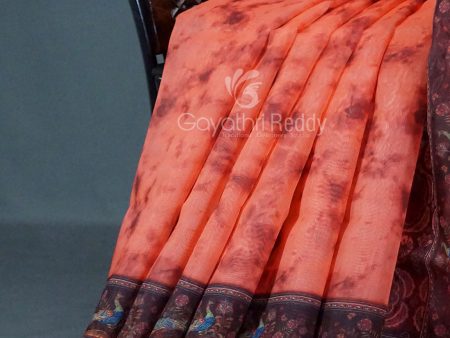 Shades of Peachish Orange Colour Shibori Print Semi Chanderi Saree By Gayathri Reddy Designer Studio Fashion