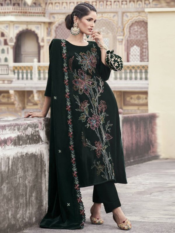 Aastha Fashion Women s Green Velvet Resham Thread with Jari & Sequin Kurta with Trouser & Dupatta Cheap