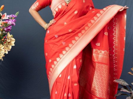 Aastha Fashion Red Woven Banarasi Silk Saree with Blouse Sale