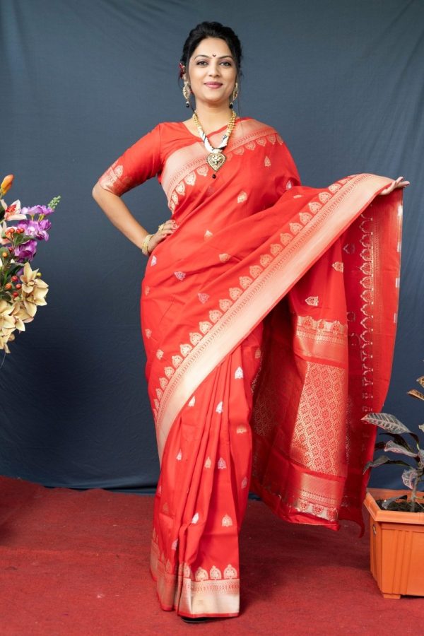 Aastha Fashion Red Woven Banarasi Silk Saree with Blouse Sale