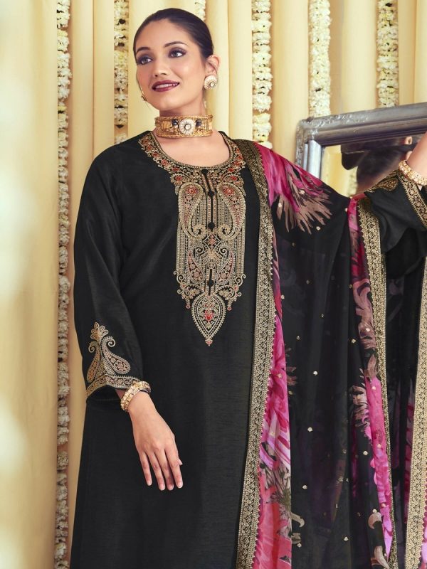 Aastha Fashion Women s Black Raw Silk Cording with Resham Thread work Kurta with Trouser & Dupatta Sale