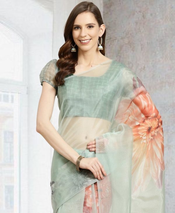 Aastha Fashion Women s Teal Digital Printed Organza Saree with Blouse For Cheap