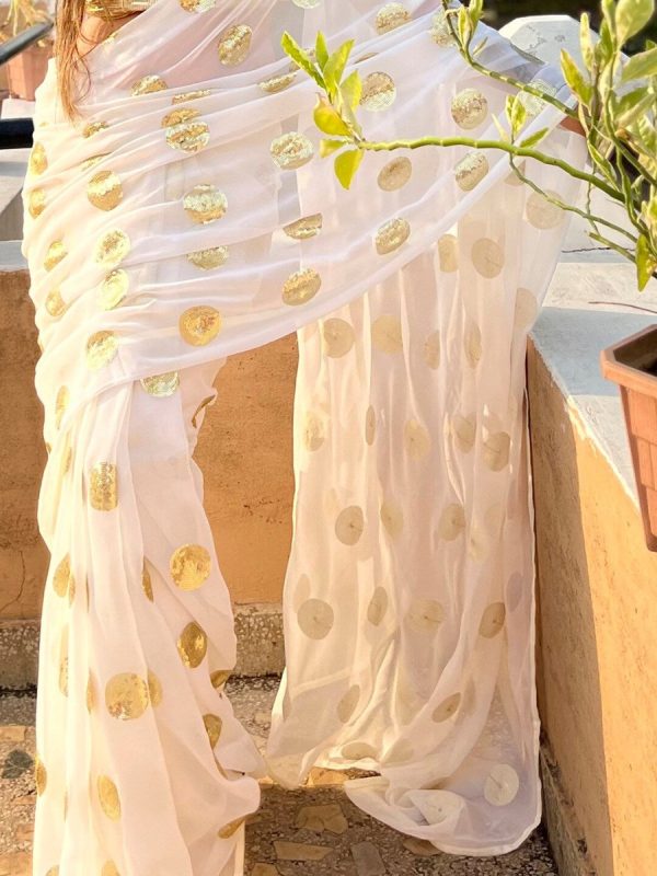 Anouk White & Gold-Toned Embellished Sequinned Pure Georgette Saree Supply