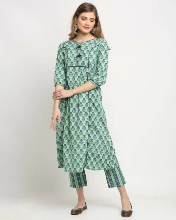 Aastha Fashion Women s Pista Green Cotton Jaipuri Printed Kurta with Trouser & Dupatta Online