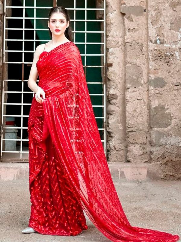 Anouk Red Embellished Sequinned Pure Georgette Saree For Discount