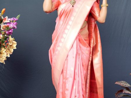 Aastha Fashion Peach Woven Banarasi Silk Saree with Blouse Discount