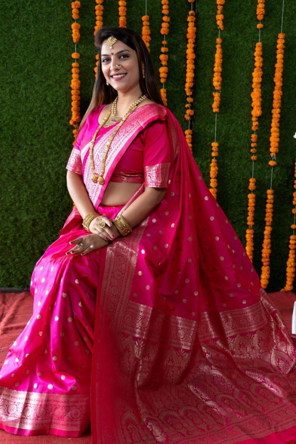 Aastha Fashion Rani Pink Woven Banarasi Silk Saree with Blouse Fashion