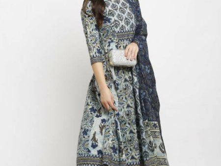 Aastha Fashion Women s Navy Blue Cotton Printed Kurta with Trouser & Dupatta on Sale