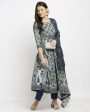 Aastha Fashion Women s Navy Blue Cotton Printed Kurta with Trouser & Dupatta on Sale