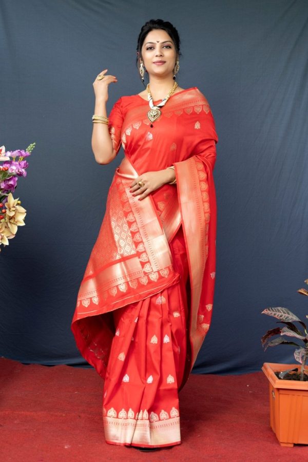 Aastha Fashion Red Woven Banarasi Silk Saree with Blouse Sale