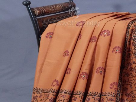 Dark Mustard Colour Block Print With Mirron Embroidered Pure Mulmul Cotton Saree By Gayathri Reddy Designer Studio Online Sale