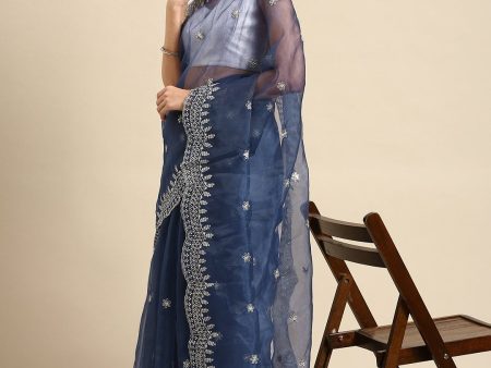 Anouk Navy Blue & Silver-Toned Sequinned & Woven Design Organza Saree Fashion