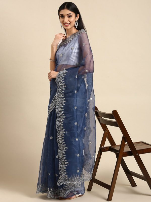 Anouk Navy Blue & Silver-Toned Sequinned & Woven Design Organza Saree Fashion