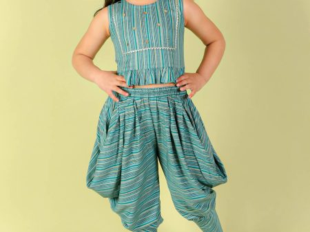 Lil Drama Girls Top With Dhoti Set - Sea Green Cheap