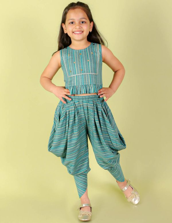 Lil Drama Girls Top With Dhoti Set - Sea Green Cheap