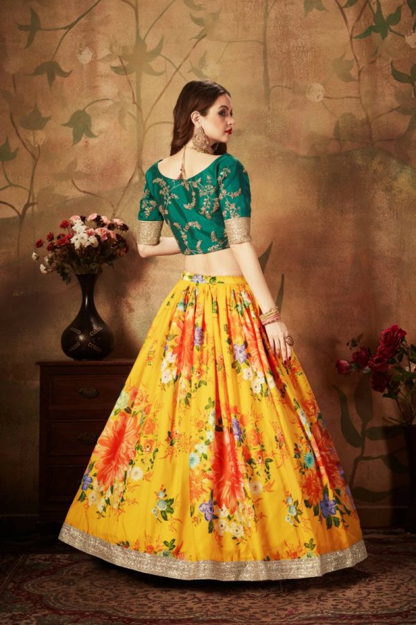 Aastha Fashion Women s Yellow-Green Floral Digital Printed Organza Bridal Lehenga Choli Sale