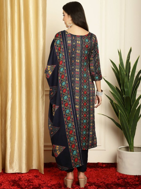 Aastha Fashion Women s Navy Blue Pashmina Floral Digital Printed Kurta with Trouser & Dupatta Sale