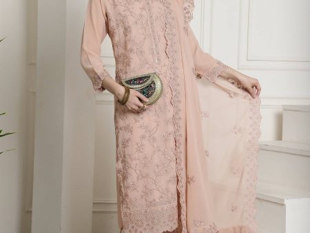 Aastha Fashion Women s Peach Georgette Floral Resham Thread with Cording & Crystal work Kurta with Trouser & Dupatta For Sale