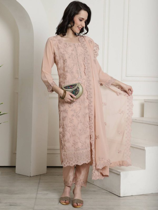 Aastha Fashion Women s Peach Georgette Floral Resham Thread with Cording & Crystal work Kurta with Trouser & Dupatta For Sale