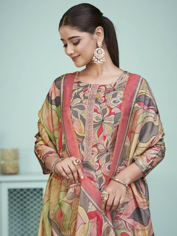 Aastha Fashion Women s Multicolor Muslin Digital Print with Resham Thread work Kurta with Trouser & Dupatta Online Sale