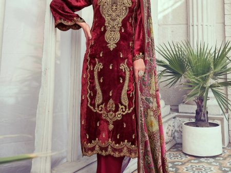 Aastha Fashion Women s Maroon Velvet Cording with Digital Printed Kurta with Trouser & Dupatta Fashion