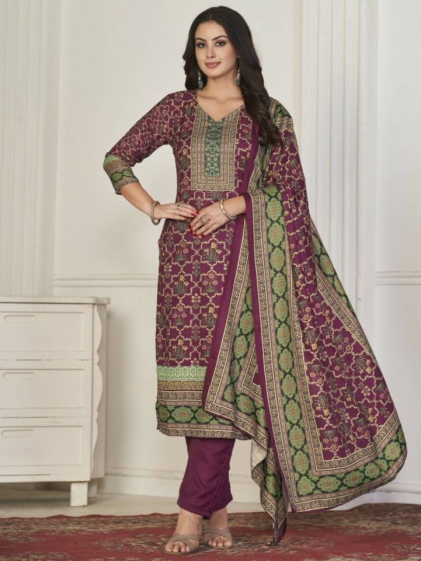 Aastha Fashion Women s Wine Pashmina Floral Digital Printed Kurta with Trouser & Dupatta Discount