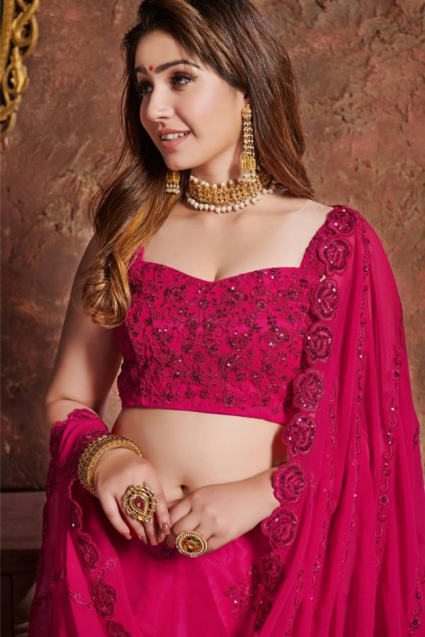 Aastha Fashion Women s Pink Sequins Work Georgette Wedding Wear Lehenga Choli Online Hot Sale