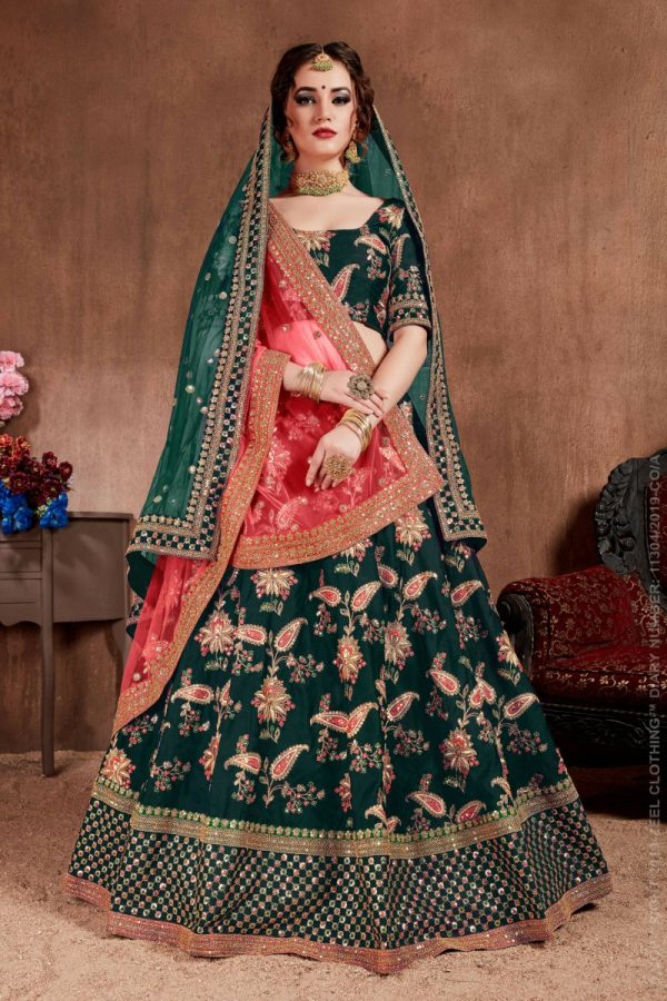 Aastha Fashion Women s Ethnic Dark Green Colored Bridal Wear Designer Embroidered Lehenga choli Discount