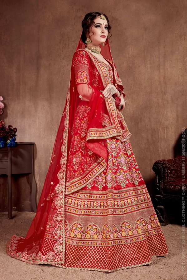 Aastha Fashion Women s Flattering Red Colored Designer Bridal Wear Embroidered Lehenga Choli For Discount