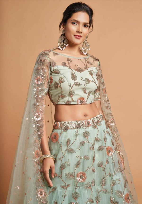 Aastha Fashion Women s Remarkable Pista Green Thread Net Party Wear Lehenga Choli Discount