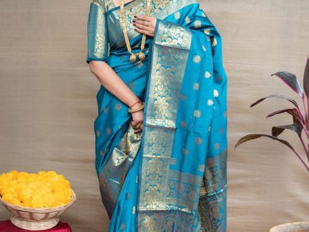 Aastha Fashion Teal Woven Paithani Silk Saree with Blouse For Discount