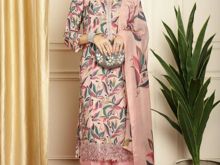 Aastha Fashion Women s Pink Muslin Digital Printed with Embroidered Lace work Kurta with Trouser & Dupatta For Sale