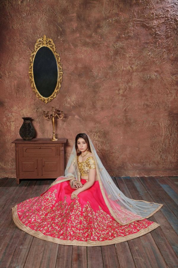 Aastha Fashion Women s Pink-Yellow Thread Embroidery Silk Wedding Wear Lehenga Choli Online Hot Sale