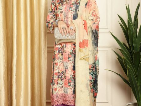 Aastha Fashion Women s Multicolor Muslin Digital Printed with Embroidered Lace work Kurta with Trouser & Dupatta Sale