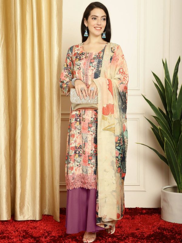 Aastha Fashion Women s Multicolor Muslin Digital Printed with Embroidered Lace work Kurta with Trouser & Dupatta Sale