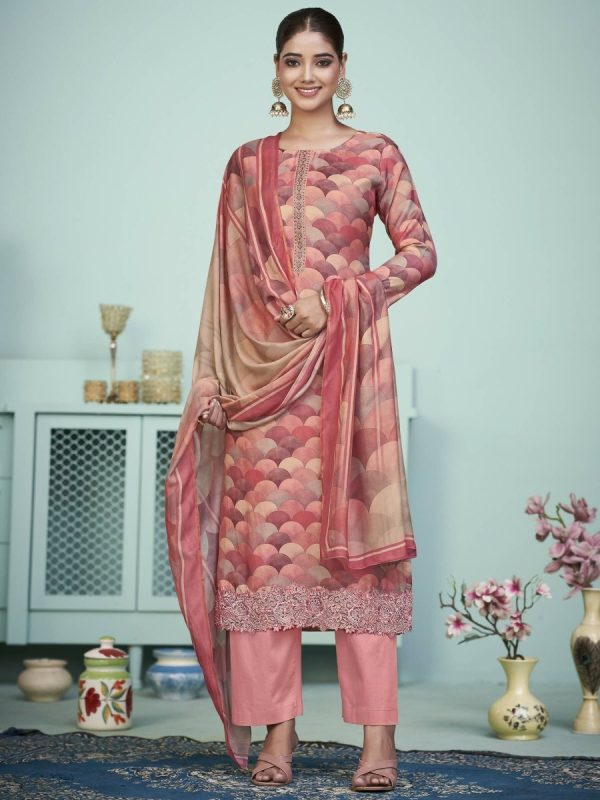 Aastha Fashion Women s Peach Muslin Digital Print with Resham Thread work Kurta with Trouser & Dupatta Fashion