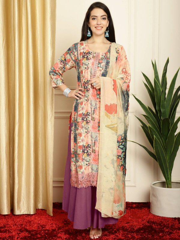 Aastha Fashion Women s Multicolor Muslin Digital Printed with Embroidered Lace work Kurta with Trouser & Dupatta Sale